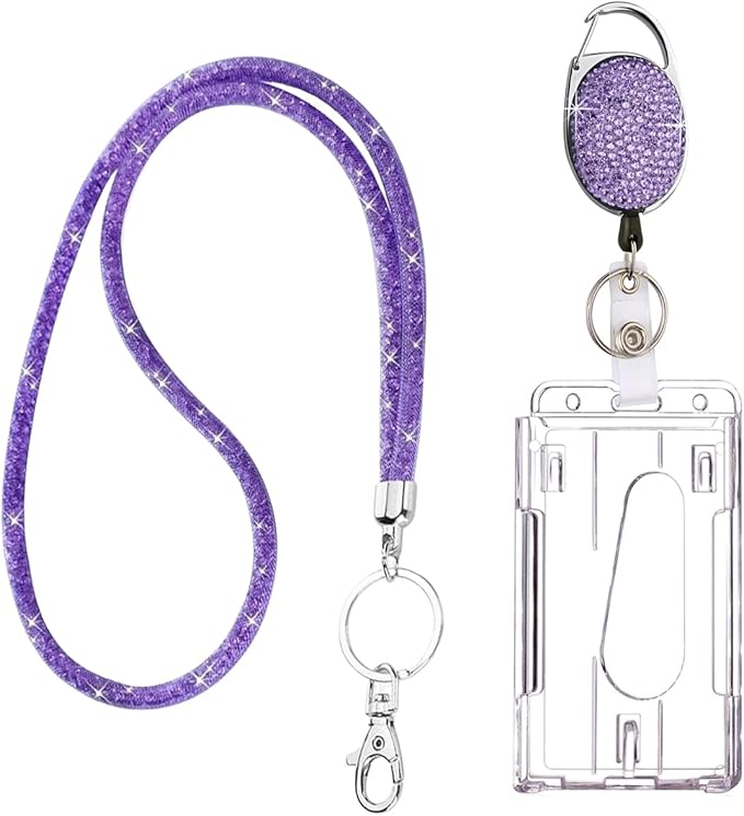 VIQWYIC Retractable ID Badge Holder with Clip, ID Name Badge Reels with Bling Rhinestones Retractable Card Holder for Office Worker Teacher Doctor Nurse (Purple)