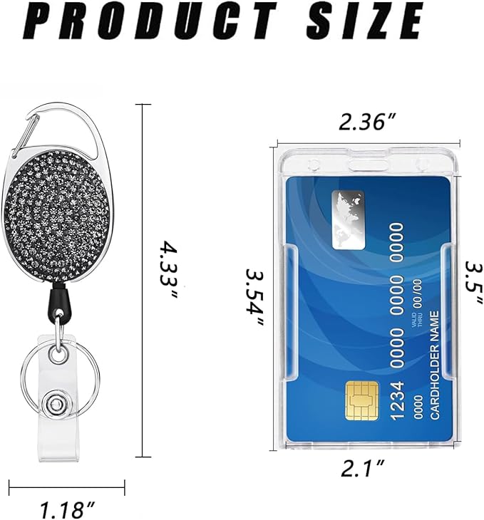 VIQWYIC 2 Pack Retractable ID Badge Holder with Clip, Bling Badge Reels with Clear Card Holders for Office Worker Teacher Doctor Nurse (Black)
