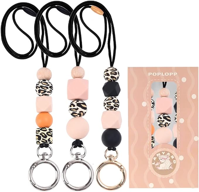 POPLOPP 3PCS Teacher Lanyards for ID Badges and Keys, Cute Silicone Beaded Lanyard for Women Nurse Employees Students