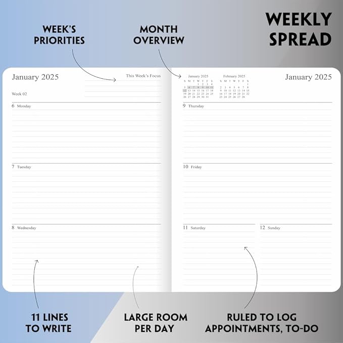 2025 Planner 8.5”x11”, Weekly and Monthly Planner from Jan 2025 to Dec 2025, Vegan Leather Cover, Elastic Closure, Grey