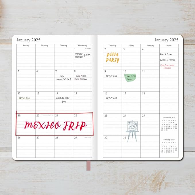 2025 Planner - Weekly and Monthly Planner Jan to Dec 2025, Holidays, Contacts and Notes Pages, Vegan Leather Cover, Elastic Closure, 5.5”x8.25”, Rose Gold