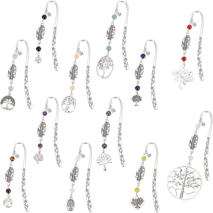 12pcs Tree of Life Bookmarks, Metal Crystal Bookmarks Vintage Gemstone Beading Bookmarks Alloy Leaf Book Markers for Reading Book Lovers Teacher's Day Delicate Gifts