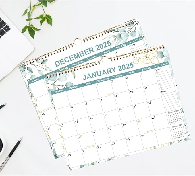 2025 Calendar - Calendar 2025-2026 from January 2025 - June 2026, 18 Months Calendar with Premium Paper, Twin-Wire Binding & Hanging Hook, 12" x 14.5", Green Leaf