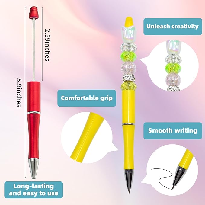 15 Pieces Beadable Pens - Beaded Pens Colourful Plastic Diy Black Ink Ballpoint Pens Bulk - Bead Pens Suitable For Teacher, Students, Office, School, Graduation Gift Supplies