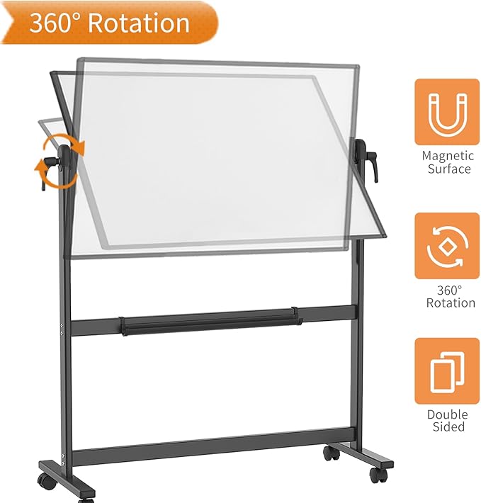 VIZ-PRO Double-Sided Magnetic Mobile Whiteboard, 48 x 36 Inches, Black Aluminium Frame and Stand