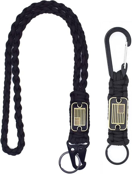 2 Pcs Heavy Duty Braided Paracord Lanyard Keychain with USA Flag, Parachute Rope Necklace Keychains, Braided Strong Lanyard with Metal HK Clip Key Ring for Outdoor Activities, Camera, Traveling