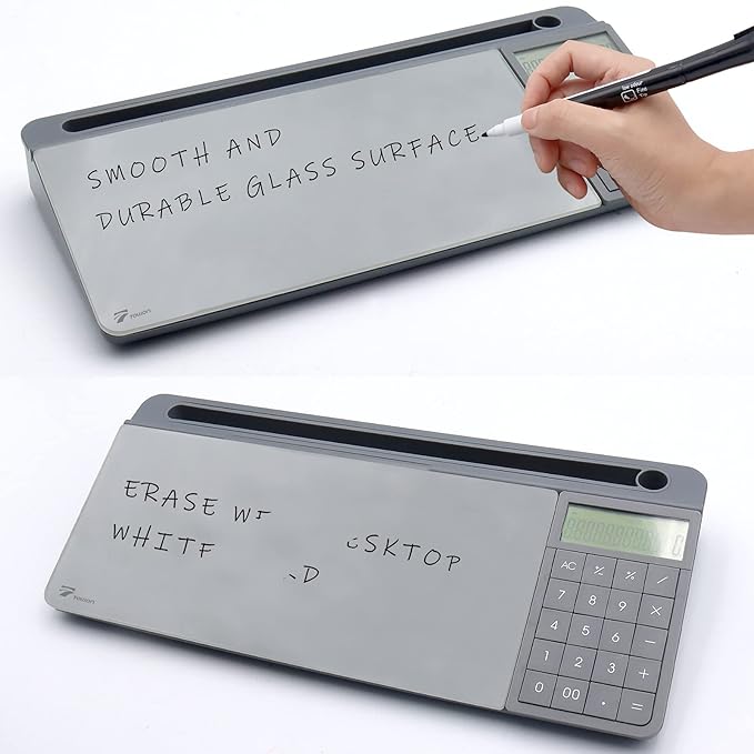 TOWON Desktop Glass Whiteboard with Basic Calculator, 12 Digit LCD Display, Desk Organizers with Accessories for Office, Home, School Supplies, Storage with Dry Erase Board Surface, Gray, 18'' x 6''
