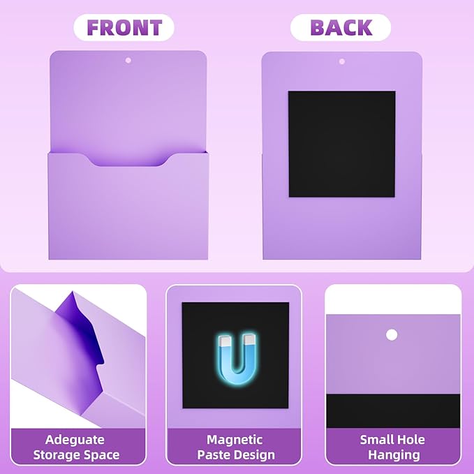 2 Pack Magnetic File Holder - Paper Holder, Pocket Organizer,Hanging Wall File Organizer Office Supplies Storage, Magazine Mail Organizer Case for Notebooks,Planners,Letter (Purple)