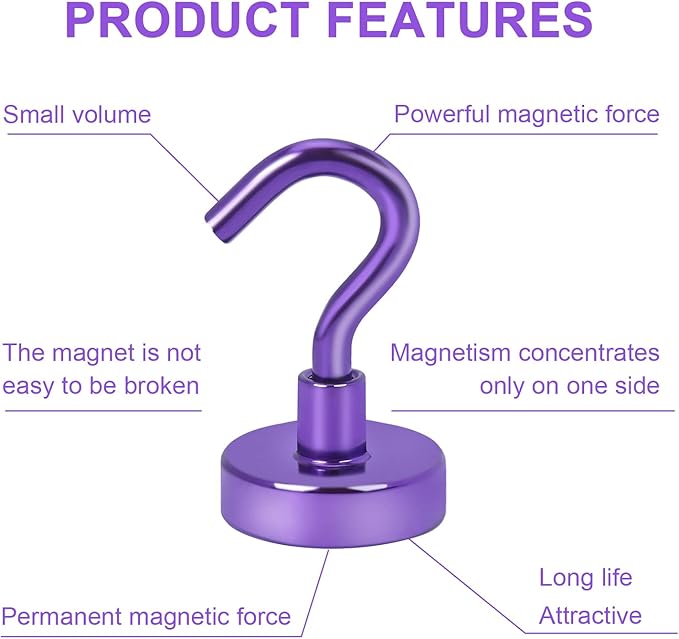DIYMAG Magnetic Hooks Heavy Duty, 30Lbs Rare Earth Neodymium Magnet Hooks with Nickel Coating for Kitchen, Garage, Cruise, Classroom, Workplace and Office etc, (Purple，Pack of 3)