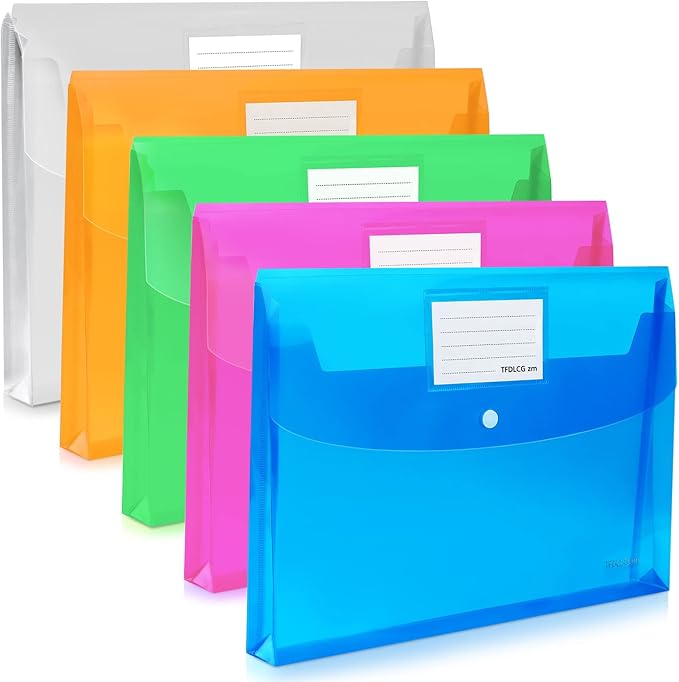 5 Pack Large-Capacity Colored Transparent Document Folder,TFDLCG zm Plastic Envelopes with snap Closure Poly Envelopes,A4 Letter Size(13"×9.5") for School Home Office,Assorted Colors