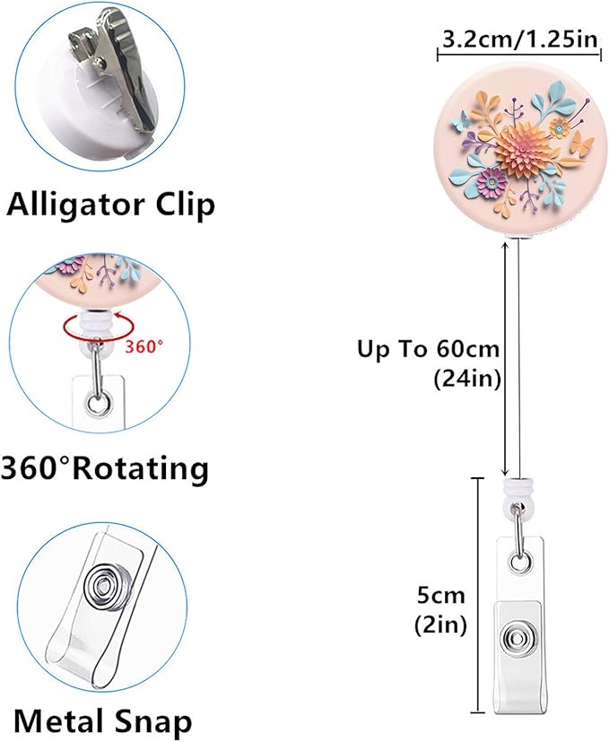 Retractable ID Badge Holder Nurse Badge Reels with Clip Name Card Holders for Office Worker Doctor Nurse 3Pack Pretty Flowers