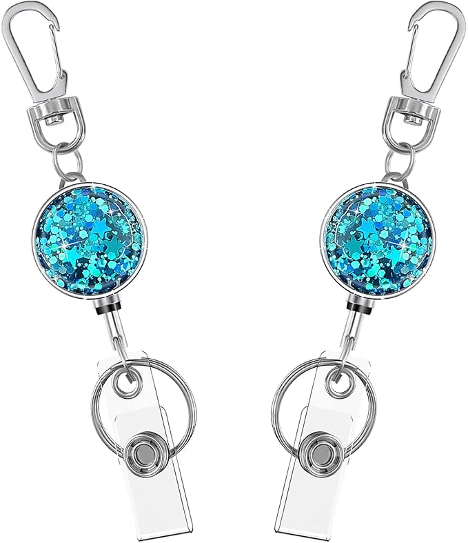 Glittery Retractable Keychain, Retractable Badge Holder, Retractable Badge Reels,Metal Badge Reel Card Holder with Key Ring for Nurse,Volunteer,Teacher,Student(2 Pack Bling Blue)