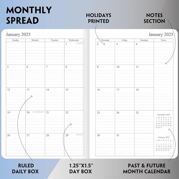 2025 Planner - Weekly and Monthly Planner Jan to Dec 2025, Holidays, Contacts and Notes Pages, Vegan Leather Cover, Elastic Closure, 5.5”x8.25”, Purple