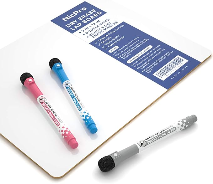 Nicpro 9 x 12 inches Lapboard Small Dry Erase Lap Board Double Sided with 3 Water-Based Pens Learning Mini Whiteboard Portable for Kid Student and Classroom Use