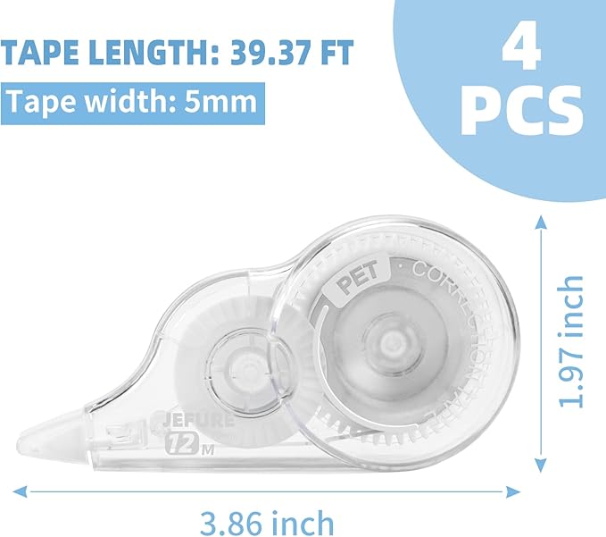 4 Pcs 39.4 Ft Correction Tape, Tear-Resistant Tape Bulk for School, Office, Note Taking, Journal (Tape Width 0.2 in, Clear)