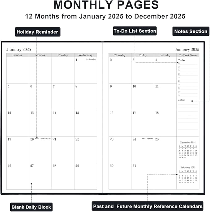 2025 Daily & Monthly Planner - 2025 Daily Planner One Page Per Day from January 2025 to December 2025, Hourly Appointment Book Perfect Organizer Daily Life, Fabric Cover, 5.8'' x 8.3'', Black