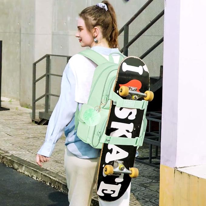 3PCS Laptop Bookbag for Girls, 17" Water Resistant School Backpack with Lunch Box, Cute Green School Bag Set for Women College Teenagers High Middle Elementary School