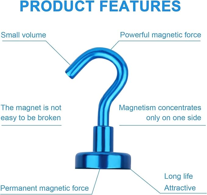 DIYMAG Blue Magnetic Hooks, 80 LB Heavy Duty Strong Magnets with Hooks, Strong Rare Earth Neodymium Magnet Magnetic Hooks for Cruise Cabins Cruise Ship Essentials 20 Packs