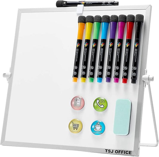 Small Magnetic Desktop White Board – 12 x 12 inches Mini Portable Dry Erase Whiteboard for Students Double Side to Do List Dry Erase Board with Stand for Office, School, Home