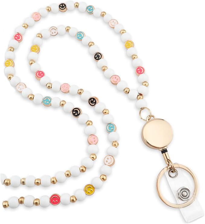 Smile Teacher Lanyard for Women with Retractable ID Badge Reel and Keychain Cute Happy Beads Lanyard
