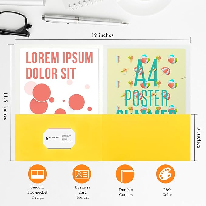 25Pcs Yollow Folders with Pockets -2 Pocket Folders,Pocket Folders for Documents,Cute Paper Folders for Filing Cabinet,School,Office,Resume Portfolio