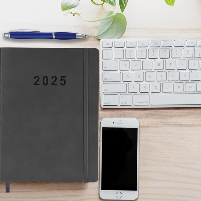 2025 Planner - Weekly and Monthly Planner Jan 2025 to Dec 2025, Vegan Leather Cover, Elastic Closure, 7”x9.25”, Grey