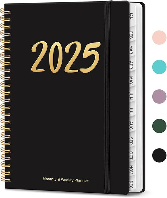 2025 Planner, Weekly and Monthly Planner Spiral Bound, Jan 2025 - Dec 2025, Hardcover 2025 Calendar Planner Book with Tabs, Inner Pocket, Perfect for Office Home School Supplies - A5 (6.3" x 8.5"), Black