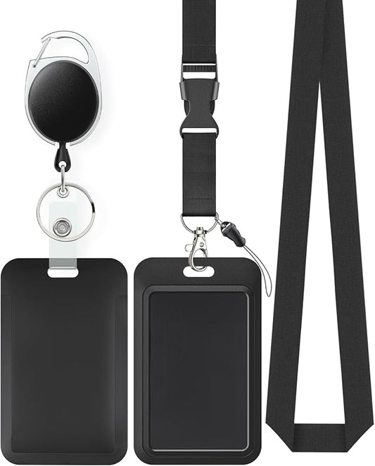 Uniclife Sliding Badge Holder Vertical Plastic Case with Retractable Badge Reel Carabiner and Detachable Lanyard Strap Hard Card Protector for ID Credit Proximity Key Card Driver’s License and Pass