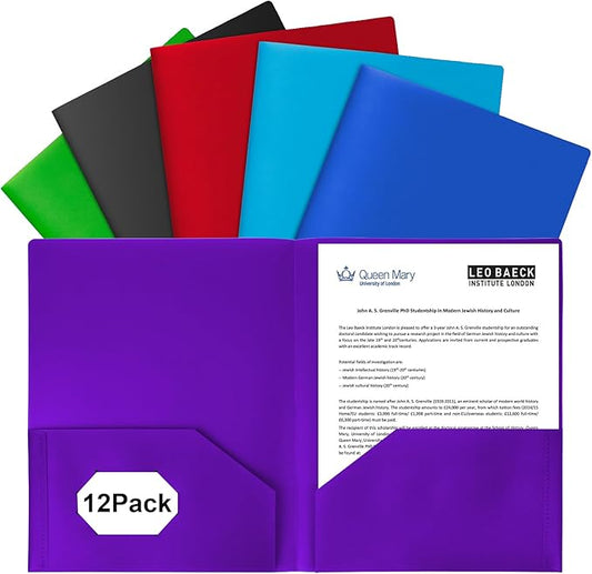 12-Pack Plastic Folders with Pockets,2-Pocket Poly Folders Holds 8-1/2" x 11" Paper for School/Office/Home, Assorted