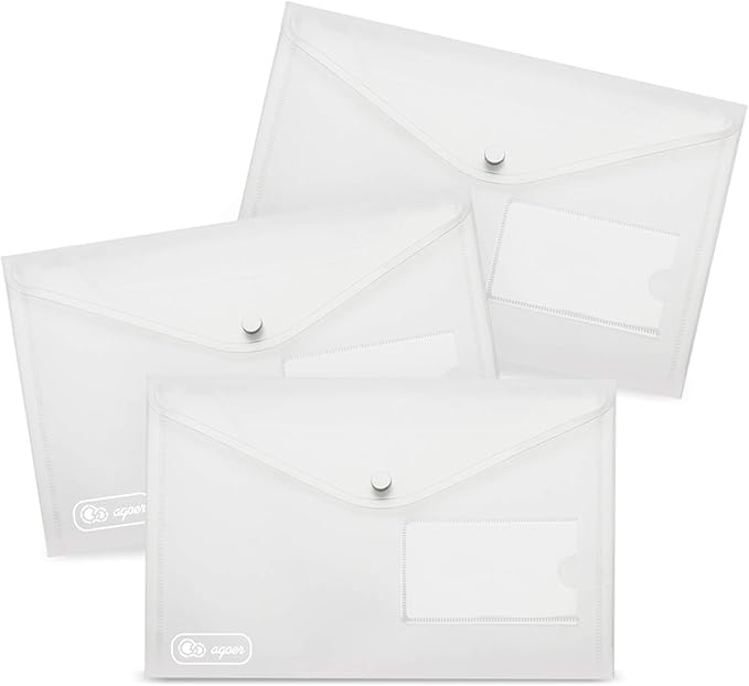 24 Pack A5 Plastic Envelopes - Agoer Clear Plastic Poly Envelope with Button Snap Closure, Clear Plastic Folders for Documents, Plastic File Bag Filing Envelopes for School Work Office Organization