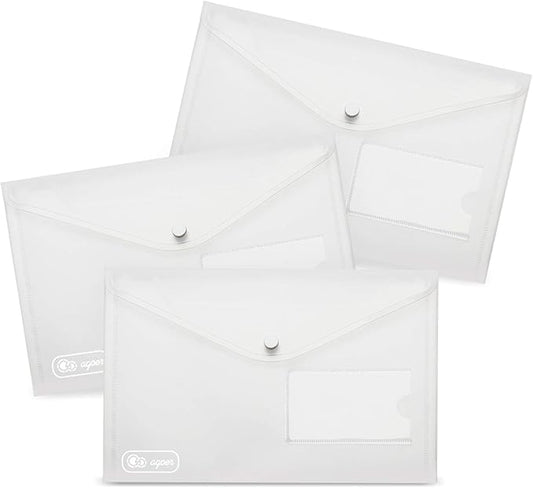 24 Pack A5 Plastic Envelopes - Agoer Clear Plastic Poly Envelope with Button Snap Closure, Clear Plastic Folders for Documents, Plastic File Bag Filing Envelopes for School Work Office Organization