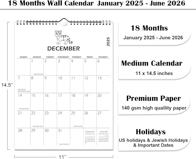 2025 Wall Calendar - Vertical Wall Calendar 2025, January 2025 - June 2026, Medium Calendar(11.5'' x 14.5''), Simple Calendar 2025 for Office, School, Home