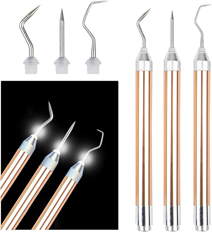 3PCS LED Weeding Tools for Vinyl with Light with Pin and Hook Lighted Pin Pen Weeding Tool for for Removing Iron on Tiny Vinyl Paper Silhouette Cutting Machines Supply (Rose Gold)