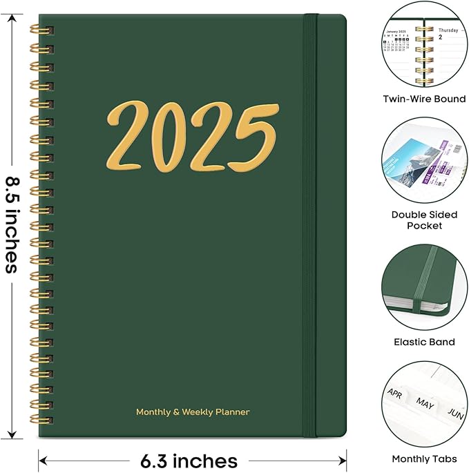 2025 Planner, Weekly and Monthly Planner Spiral Bound, Jan 2025 - Dec 2025, Hardcover 2025 Calendar Planner Book with Tabs, Inner Pocket, Perfect for Office Home School Supplies - A5 (6.3" x 8.5"), Green