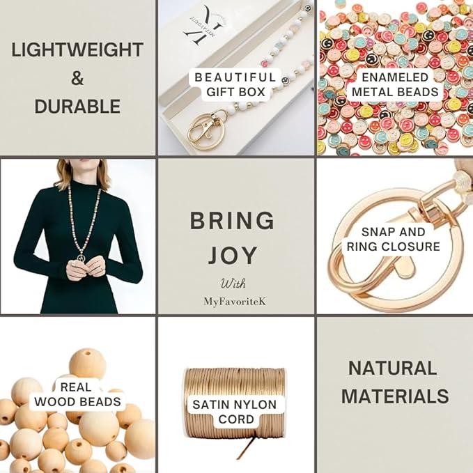 Smile Teacher Lanyard for Women ID Badges and Keychain Cute Happy Wood and Metal Beaded Lanyard Badge Holder