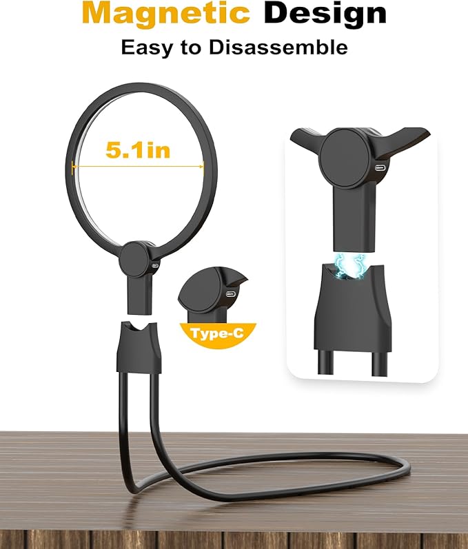 5X Hands Free Magnifying Glass with Light for Close Work,Neck Wear Magnifier for Reading Books,Sewing, Cross Stitch.Low Vision Seniors with Aging Eyes(Black)