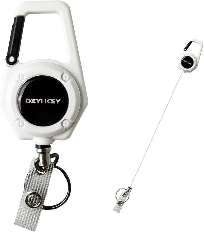 Retractable Keychain Heavy Duty, Multitool Carabiner Badge Holder, Retractable Keychain Clip Id Holder, Tactical ID Badge Reel with 29.5" Steel Retractable Cord, White