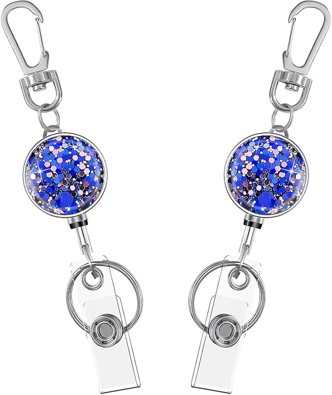 Bling Retractable Keychain, Cute Metal Carabiner Badge Holder,Retractable Badge Reel with Claw Clasp for Id Card Holders Key Ring (2Pack Glittery Purple)