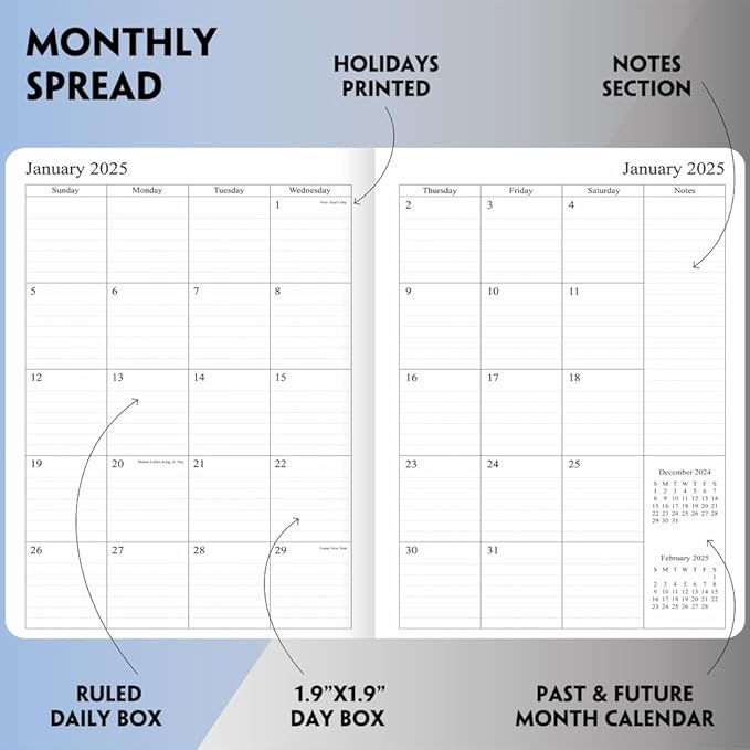 2025 Planner 8.5”x11”, Weekly and Monthly Planner from Jan 2025 to Dec 2025, Vegan Leather Cover, Elastic Closure, Grey