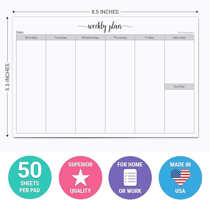 321Done Weekly Planning Notepad Landscape - 50 Sheets (8.5" x 5.5") - Horizontal Weekly Days of Week Paper Note Pad, Planner Organizing - Made in USA - Simple Script