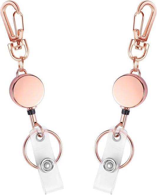 2 Pack Metal Retractable Badge Reel ID Badge Holder with Cord and Carabiner Key Chain (Rose Gold)