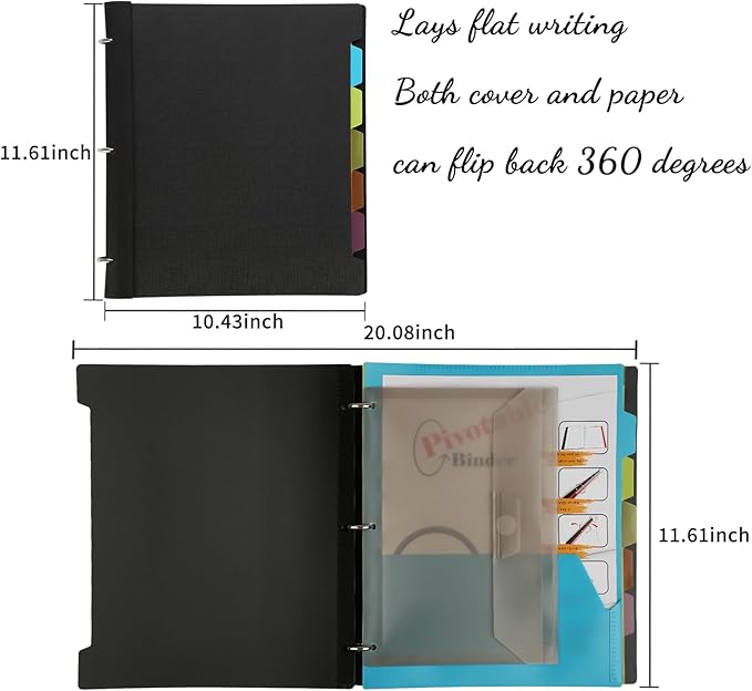 2 Pcs Pivotable Refillable Notebook, 3 Ring Binder Notebooks 1 Inch, Notebook with Dividers and Pockets, Folder Notebook, Flexible Binder, Soft Binders 3 Ring, Foldable Binder- Black