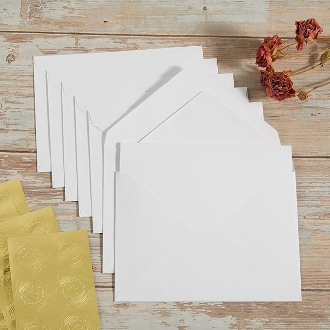 50 Pack White A7 Envelopes with Cards 5x7 Thick Folded Cardstock and Gold Stickers for Greeting Cards, Wedding, Birthday, Invitations, Baby Showers (White, 5x7)