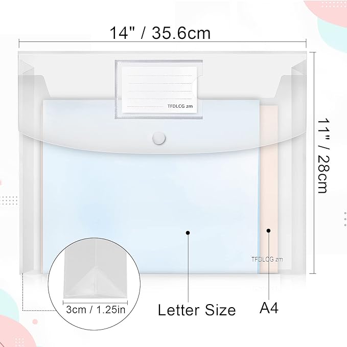 12 Pack Large Clear Document Folders,Legal Size(11"×14"),TFDLCG zm Plastic Envelope with Snap Closure,Poly Envelopes File Folder with 1 Inch Expansion,for School Home Office