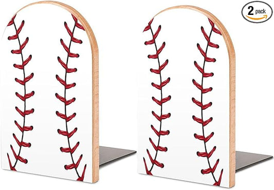 2 Pack Wood Bookends, Sport Baseball Stitches Non-Skid Book Ends for Heave Books, Decorative Bookends for Shelves Desk, Book Stoppers Book Holders for Home Office Library School