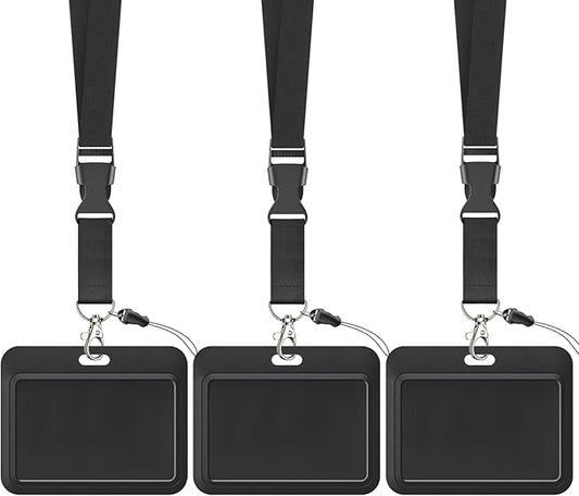 Uniclife 3 Pack Sliding Badge Holder Hard Black Horizontal Plastic Card Case Protector with Lanyard Strap Metal Buckle and Clip for Office School ID Credit Key Card Driver’s License and Pass