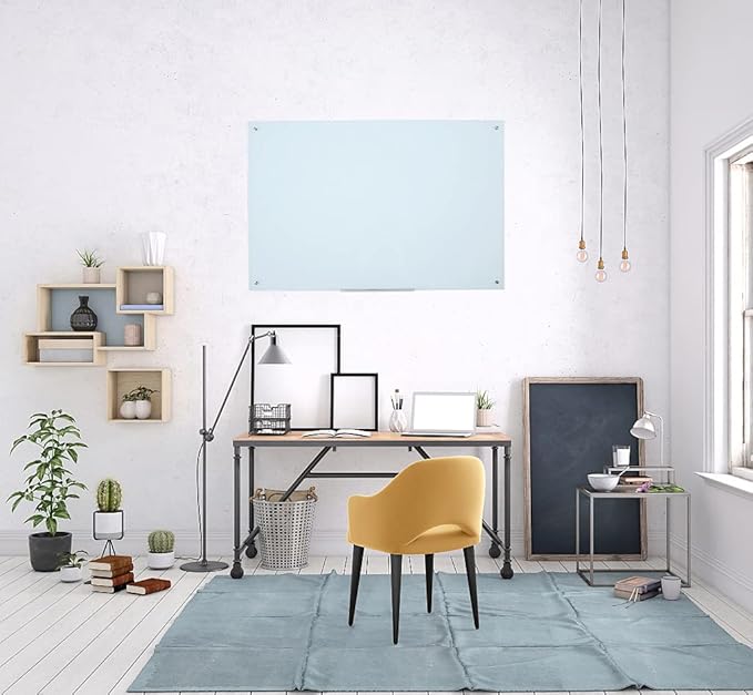 Magnetic White Glass Board 48" x 36", Frameless Tempered Glass Dry Erase Board with Marker Tray for Office, Wall Mounted Frosted Glass Whiteboard