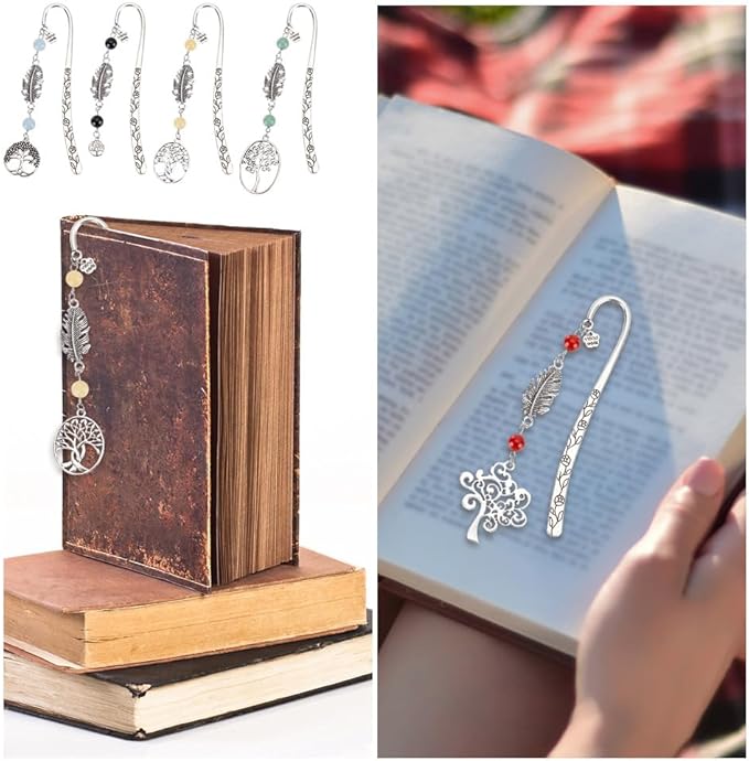 12pcs Tree of Life Bookmarks, Metal Crystal Bookmarks Vintage Gemstone Beading Bookmarks Alloy Leaf Book Markers for Reading Book Lovers Teacher's Day Delicate Gifts