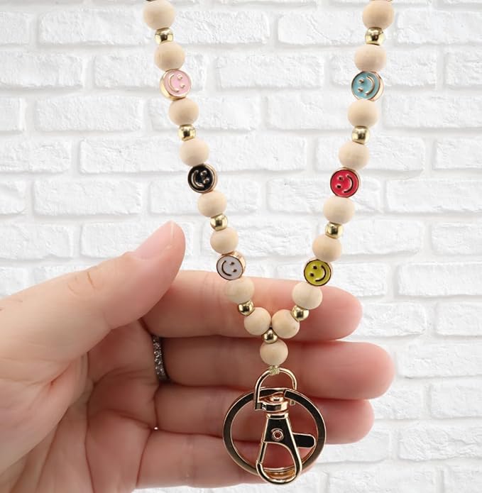Smile Teacher Lanyard for Women ID Badges and Keychain Cute Happy Wood and Metal Beaded Lanyard Badge Holder