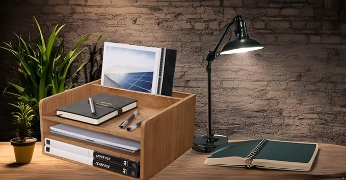 3 Tier Desktop Letter Tray for Office Desk Organizer and Accessories - Wood File Folder Holder for Paper Document Organizer Mail Sorter Workspace Counter Storage Book Shelf Light WJJ3K-LT